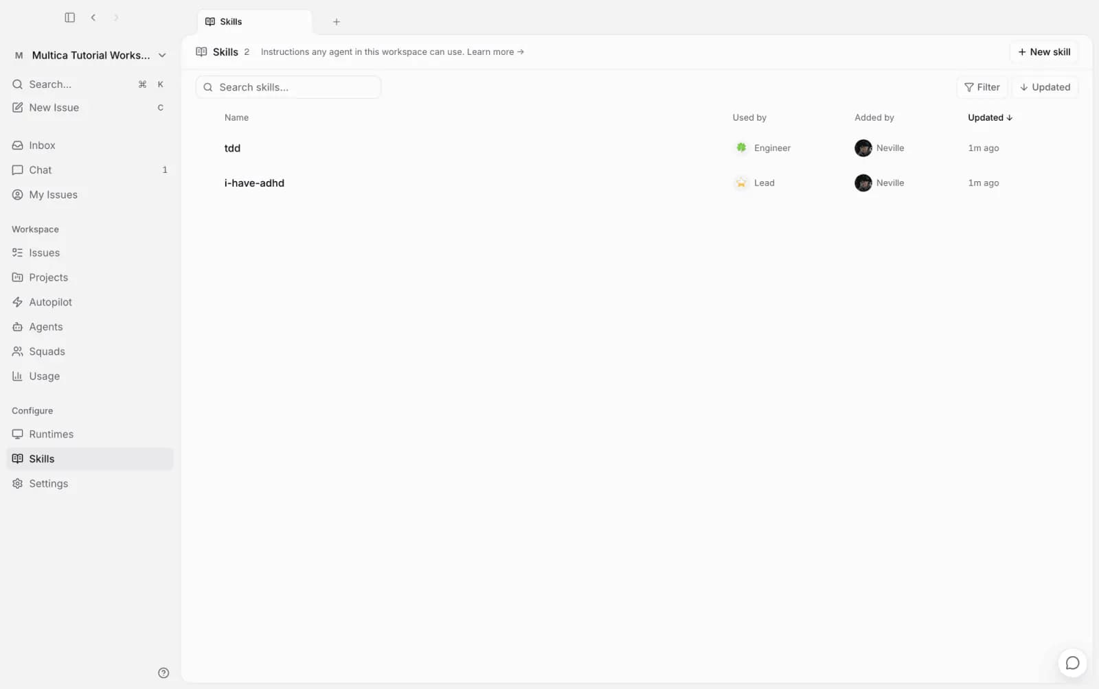 The workspace Skills page